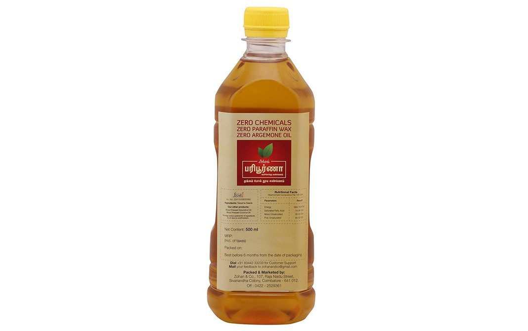 Zohan's Paripoorna Sesame Oil (Unrefined Pure Chekku Oil)   Bottle  500 millilitre